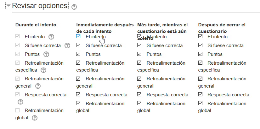 captura de pantalla de la sección "revisar opciones" de un cuestionario